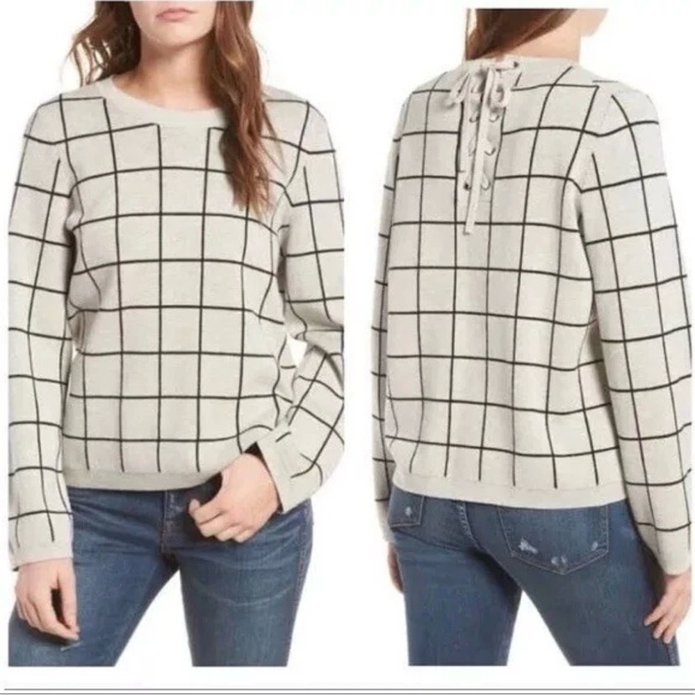Madewell Lace-back Windowpane Jacquard Pullover Sweater in gray and black, Small